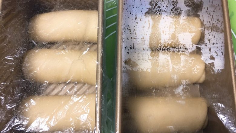 牛奶双吐司【一次发酵】,依次放入吐司盒，盖上保鲜膜。