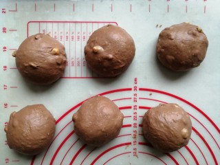 巧克力坚果面包,把面团分成6等份，盖上保鲜膜，醒发15分钟