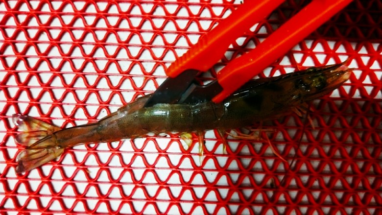 粉丝蒜泥虾,用小剪刀沿着背剪开，除去虾筋