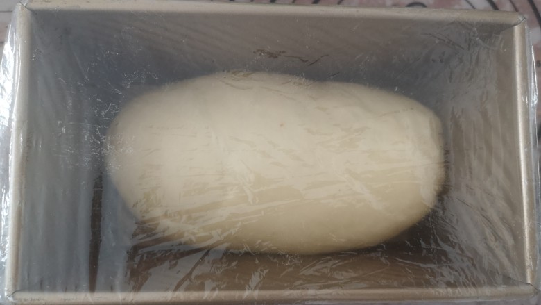 抹茶蜜豆土司,成一个小枕头状，放入土司模中，进行二次发酵