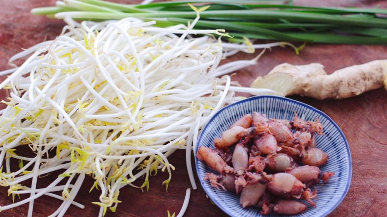海兔绿豆芽小炒,首先备齐所有的食材。