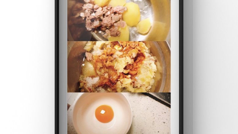 宝宝粽,把猪肉去骨切碎，鸡蛋把蛋黄蛋清分离，先将蛋清放入土豆泥和猪肉碎一起搅拌并加入宝宝酱油和1勺糖搅拌均匀后放置30分钟后倒入蛋黄搅拌均匀！