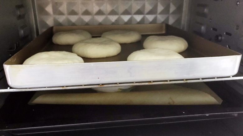 酒酿饼,放入不通电的烤箱里进行二发40分钟，同时放入一碗热水保持湿度和温度