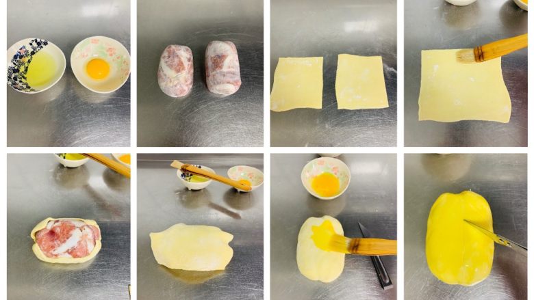 惠灵顿牛排,一个鸡蛋，蛋清蛋白分开。取出酥皮擀成0.5厘米厚，大小可以包上牛肉即可。具体做法看图。表面涂抹蛋黄液，用刀划成自己喜欢的花纹。