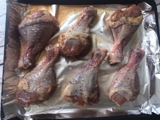 秘制烤鸡翅（鸡腿）,烤箱预热220度5分钟上下火，将腌好的鸡腿均匀摆在铺了锡纸的烤盘上，中途要留一些空隙。