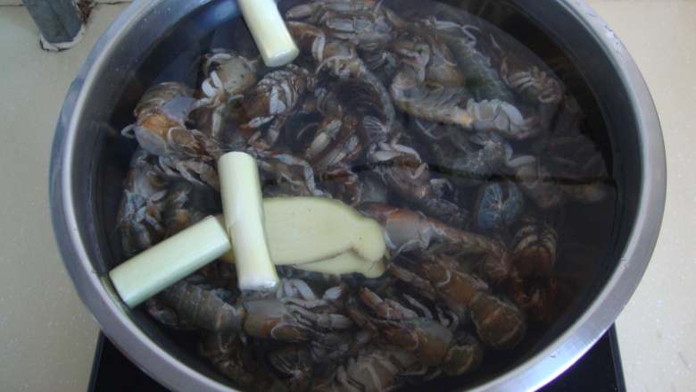 白灼蝼蛄虾,蝼蛄虾洗净，加水，放入葱段姜片