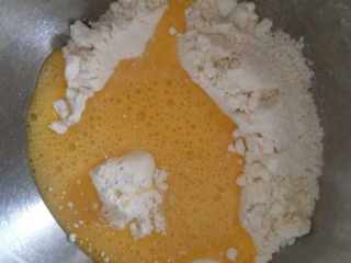 中国风咸味玛德琳,把低筋面粉与泡打粉一起过筛2次,鸡蛋稍微搅散,不要打发,然后蛋和粉一起混合轻搅均匀.

