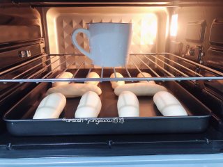 椰蓉面包(波兰种),依次把面包整好形状，摆放在烤盘上，放一杯温水和面团一起放入烤箱内关门发酵发至两倍大即可。这时拿出发酵好的面胚。烤箱预热上下火165度10分