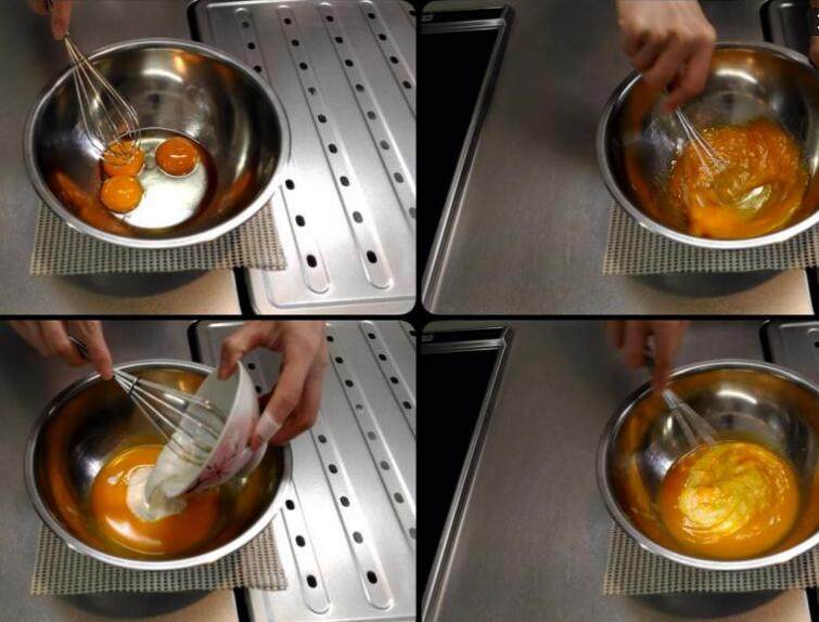 柳橙蛋糕,在一个大碗裡, 放入蛋黄和<a style='color:red;display:inline-block;' href='/shicai/ 857'>植物油</a>混合均匀,然后加入原味优酪乳,继续搅拌