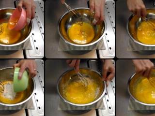 柳橙蛋糕,加入柳橙汁和柳橙皮屑搅拌均匀
加入过筛的麵粉,
搅拌至混合均匀,放一边备用