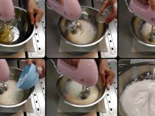柳橙蛋糕,在另一个大碗裡，用手动搅拌器打蛋白

当蛋白呈泡沫状时，加入柠檬汁 继续搅拌

加入砂糖，打直至蛋白霜尾端可成现弯曲状态就可以