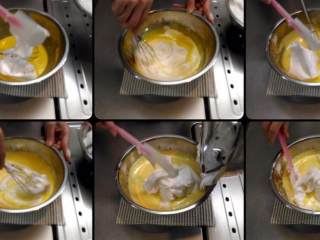 柳橙蛋糕,倒入约1/3的蛋白霜至蛋糕麵糊，轻轻的搅拌. 
再加入1/3的蛋白霜,轻轻的搅拌.