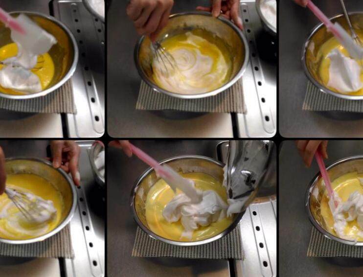 柳橙蛋糕,倒入约1/3的蛋白霜至蛋糕麵糊，轻轻的搅拌. 
再加入1/3的蛋白霜,轻轻的搅拌.