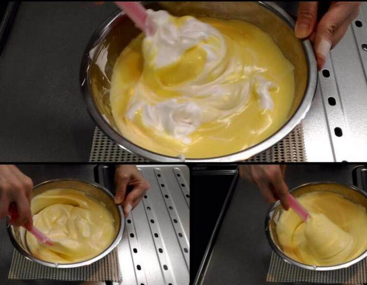 柳橙蛋糕,然后再将剩餘的蛋白霜倒入蛋糕麵糊，轻轻的搅拌,直到蛋糕麵糊均匀混合。