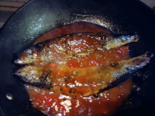茄汁沙丁鱼,西红柿炒成汤汁把鱼推回来，盖盖焖5到10分钟（观察锅内汤汁多少）