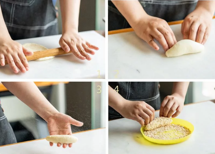 薯泥沙拉餐包,将麵糰擀开，由长边捲起成两边微尖的麵团，喷水沾上燕麦片。(如图示)