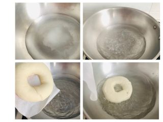 贝果🥯,锅中加入1千克的水30克的糖烧开。
将醒发好的贝果放入锅煮30秒揭去烘焙纸。在将贝果翻个身在煮30秒钟，捞出沥干水份放在烤盘中。