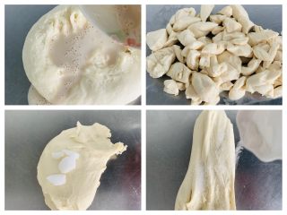 贝果🥯,化开的酵母倒在面团上用刮刀切碎，在揉在一起。加入黄油、盐揉到扩展阶段。