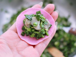 牡蛎韭菜粉嫩饺子,擀好的面皮里，放入适量的馅料。