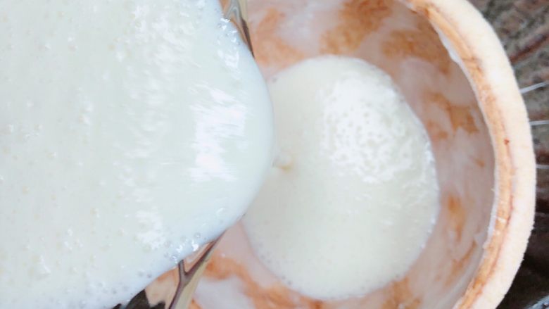 鲜椰浆苦咖啡绵绵冰（椰子油奶白顺滑诱人极了）,奶白如油一般的椰浆牛奶冰沙倒入到椰子壳中。