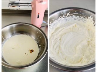 红丝绒蛋糕卷,淡奶油中加入几滴香草精、25克的糖、雀巢奶粉20克，中速打发。打发好的蛋奶油，放入冰箱里冷藏备用。