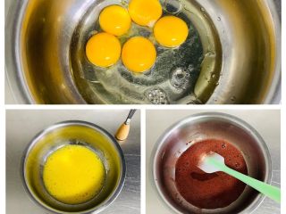 红丝绒蛋糕卷,将蛋黄、橄榄油、剩余的50克水、A糖10克先搅拌均匀，让油、糖充分的乳化。最后加入红曲粉糊再次搅拌均匀。
