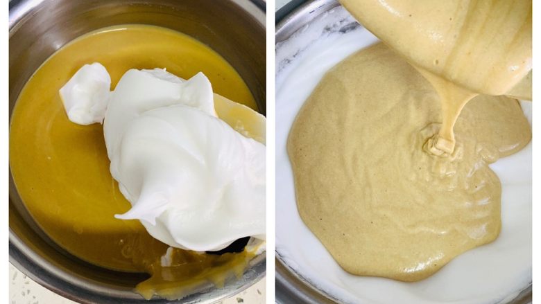 枣糕,取三分之一的蛋白到蛋黄糊中翻拌均匀。再将蛋黄糊倒入蛋白中再次搅拌均匀。