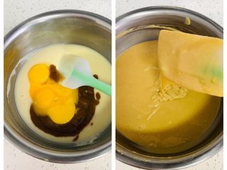 枣糕,翻拌均匀的蛋黄糊中加入蛋黄、枣泥、牛奶。
‼️我的枣泥是自制的比较稀薄，所以这里的牛奶的量是来调节面糊的，大家要根据你自己的面糊状态来加牛奶。
