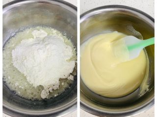 枣糕,将过筛的粉类倒入热油中，翻拌至均匀无颗粒如图，不要过度翻拌