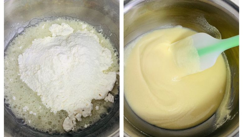 枣糕,将过筛的粉类倒入热油中，翻拌至均匀无颗粒如图，不要过度翻拌