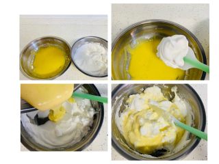 蜂蜜松饼🥞,取三分之一的蛋白到蛋黄糊中翻拌均匀。翻拌均匀的蛋黄糊全部倒入蛋白中再次翻拌均匀。