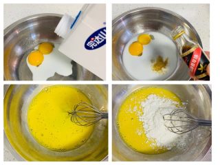 蜂蜜松饼🥞,蛋清与蛋黄分离，蛋黄中加入牛奶，香草精搅拌均匀，加入白鲨低筋面粉、泡打粉，Z字打法搅拌均匀。