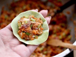 胡萝卜青椒海米饺子,擀好的面皮，放入适量的馅料。