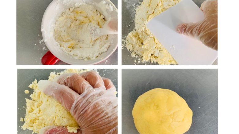 紫薯塔,打发好的黄油加入白鲨低筋面粉，用按压的手法进行混合，简单的翻拌按压后放入案板上用手按压均匀没有干粉成团即可。