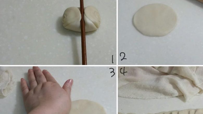 玫瑰鲜花饼,1：取一个面卷用筷子在中间轻压一下，两边向中间推压，2：按扁，用擀面杖上下左右擀开，3：然后用手掌压薄边沿，4：全部做完。