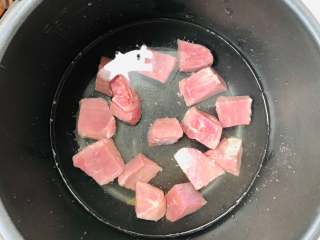 宝宝辅食之牛肉松,将肉块放入压力锅中，倒入一些水，水量需要没过肉块就可以了。