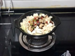 香菇炖豆腐➕香菇白菜炖豆腐,把料头香菇倒在豆腐上，加入适量热水与豆腐平齐