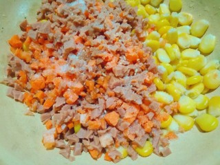 玉米粑粑,再把切好的食材放一起，加入食用盐，鸡精搅拌均匀