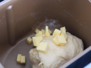 牛角包,搅拌至扩展阶段，加入黄油继续揉面15分钟。