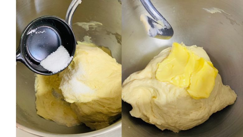 超级松软一次发酵，奶香吐司🍞,加入盐、室温软化好的黄油。