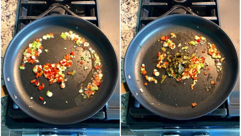 大碗肉沫宽面,热锅热油，同时放入葱蒜辣椒，再加入酸菜翻炒。
