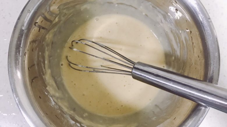 葱香鸡蛋饼,一边加一边搅。一直到面糊浓稠，但是能流动的状态。