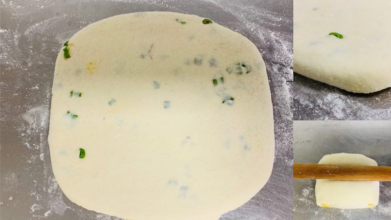 香葱千层饼,将折叠好的面胚用擀面棍，轻轻按压擀成饼，厚度1.5厘米。