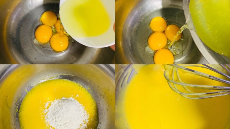 甜橙蛋糕卷,蛋糕部分蛋黄蛋清分离，蛋黄中加入油，加入凉凉的煮橙子的水，加入低筋面粉Z字搅拌至无颗粒。