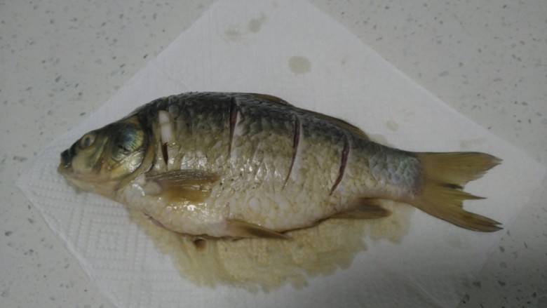鲫鱼炖冬瓜,用厨房纸吸干鱼身上的汤汁