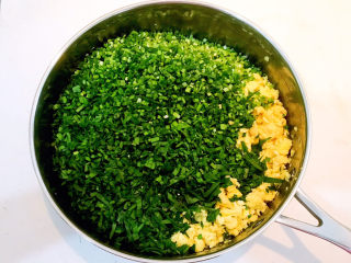 鸡蛋韭菜盒子,把切好的韭菜加入已经晾凉后鸡蛋碎里