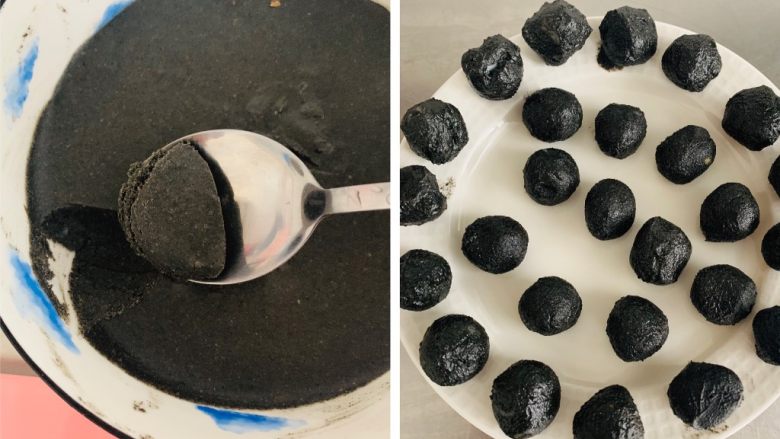 雨花石黑芝麻汤团,冷冻到用勺子轻轻一挖就可以取出，团成10克小球，再次放入冰箱里冷冻，冷冻好的小球才好包汤圆。