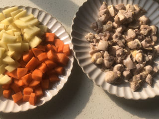咖喱盖饭,土豆跟胡萝卜就照着鸡腿肉的大小切丁。鸡腿肉加葱段姜片料酒焯水，撇沫用热水冲净，控水。