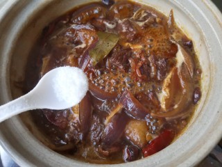 土豆牛腩煲,焖1小时后加入适量的盐，用筷子插一下牛腩，看看是否达到自己需要的口感，如果是做给老人和孩子吃就需要焖的软烂一些。