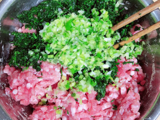 彩色水饺,准备好猪肉馅、荠菜、小葱和姜末，放入盆中。